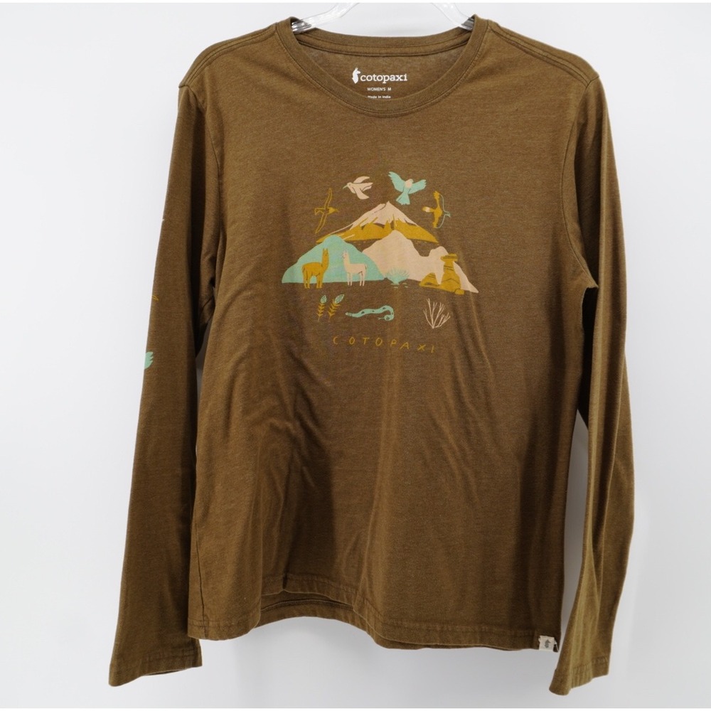Cotopaxi Womens M Long Sleeve Graphic Tee Brown Mountain Llama Bird Snake Shirt